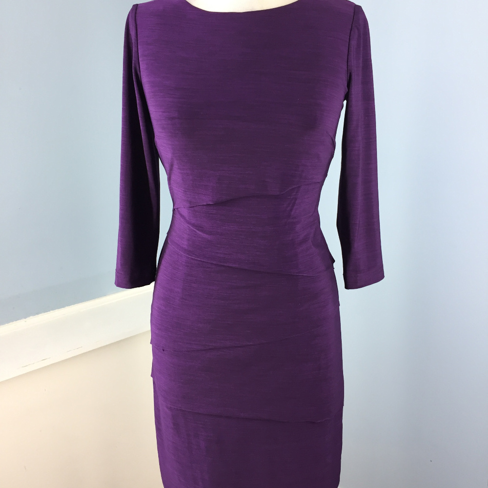 Tahari Purple Sheath Dress with Three-Quarter Sleeves